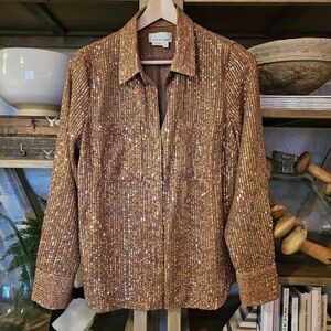 Anthropologie The Remie Sequin Button-Down Shirt Bronze Size L Festive Holiday
